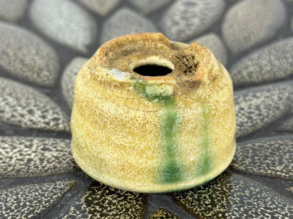 Preowned Japanese Tokoname Glazed Round Bonsai Pot with Stamps - 1.75” By 1 1/8”