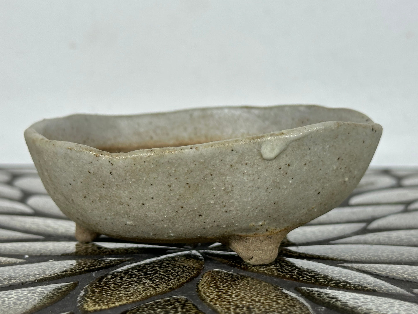 Preowned Japanese Tokoname Glazed Round Bonsai Pot with Stamps - 4” By 1.25”