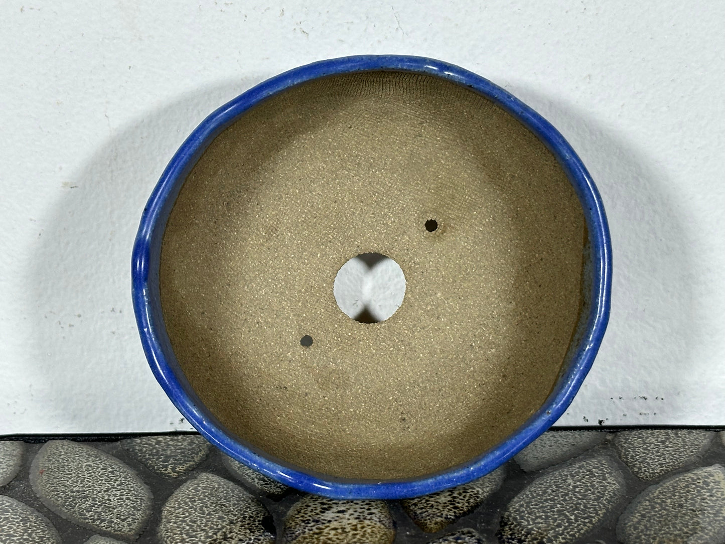 Preowned Japanese Tokoname Glazed Round Bonsai Pot with Stamps - 3.75” By 1.75”