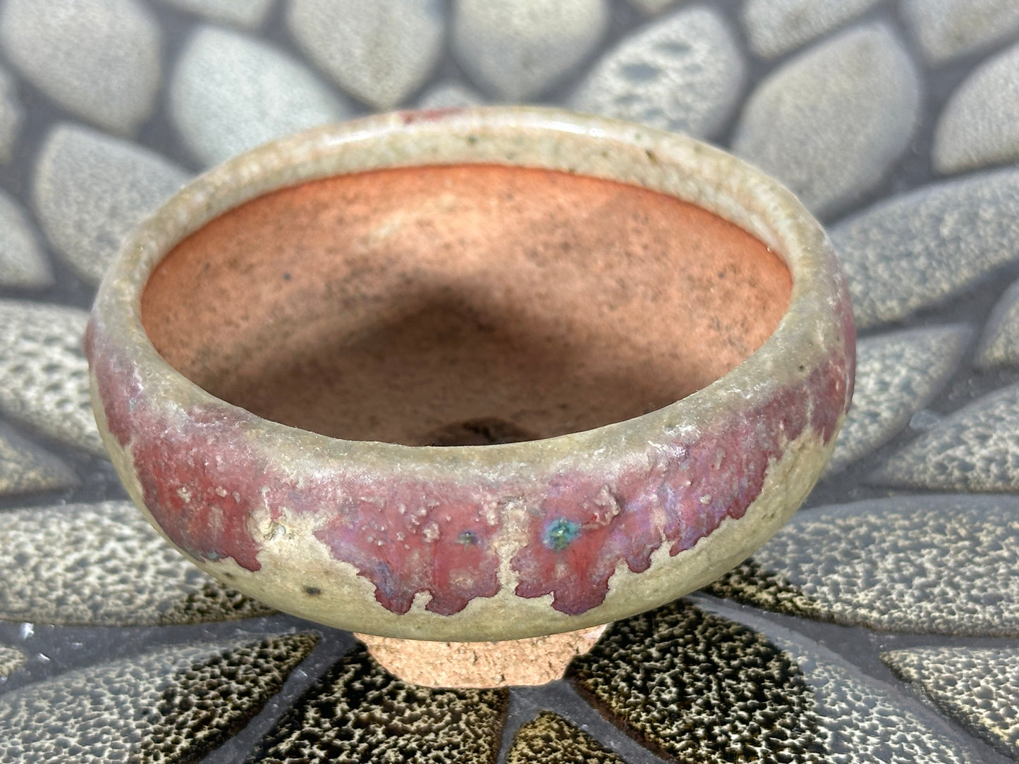 Preowned Japanese Tokoname Glazed Round Bonsai Pot with Stamps - 3” By 1 3/8”