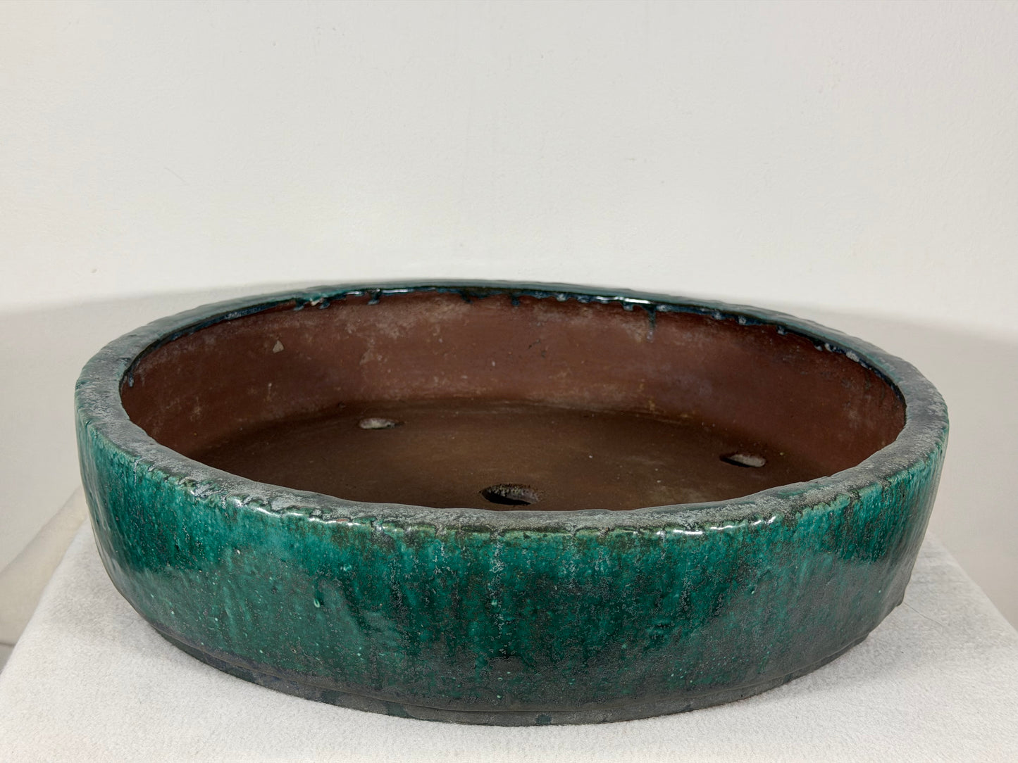 Preowned Japanese Tokoname Glazed Round Bonsai Pot Syuhou Yoshimura - 15.5” By 3.5”
