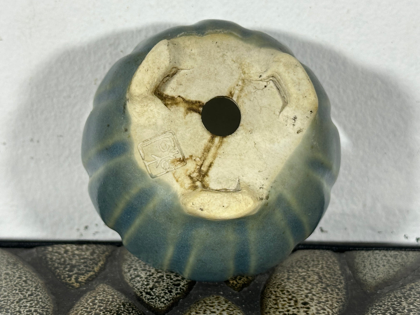 Preowned Japanese Tokoname Glazed Round Bonsai Pot with Stamp - 2 7/8” By 1 5/8”