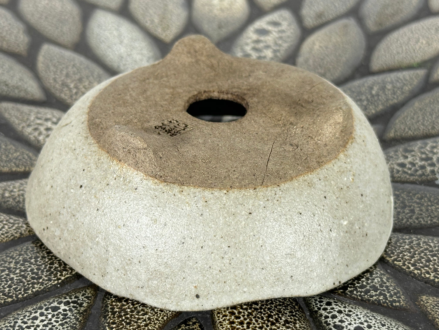 Preowned Japanese Tokoname Glazed Round Bonsai Pot with Stamps - 4” By 1.25”