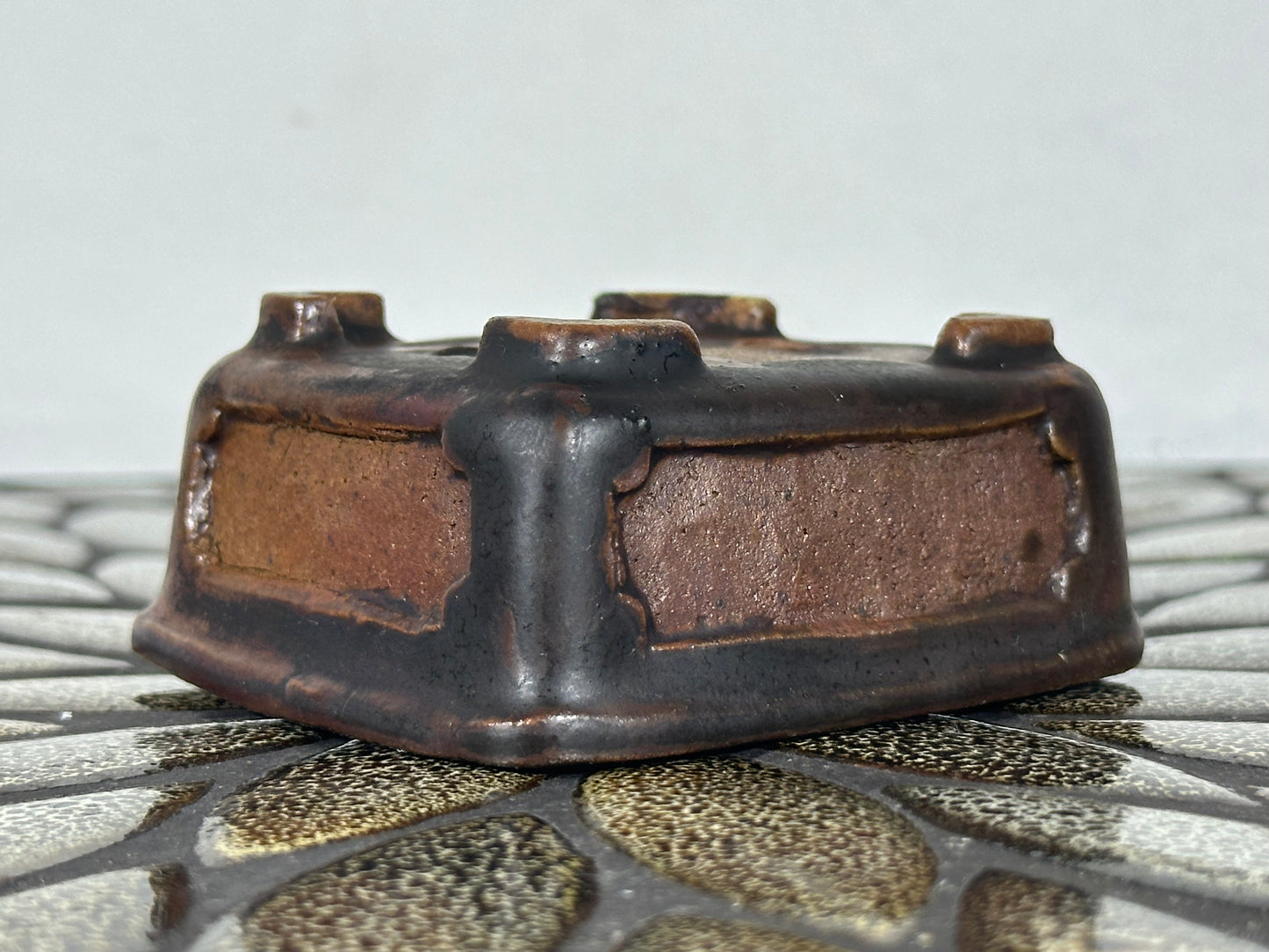 Preowned Japanese Tokoname Glazed Rectangular Bonsai Pot With Stamp - 3 1/8” By 2 7/8”