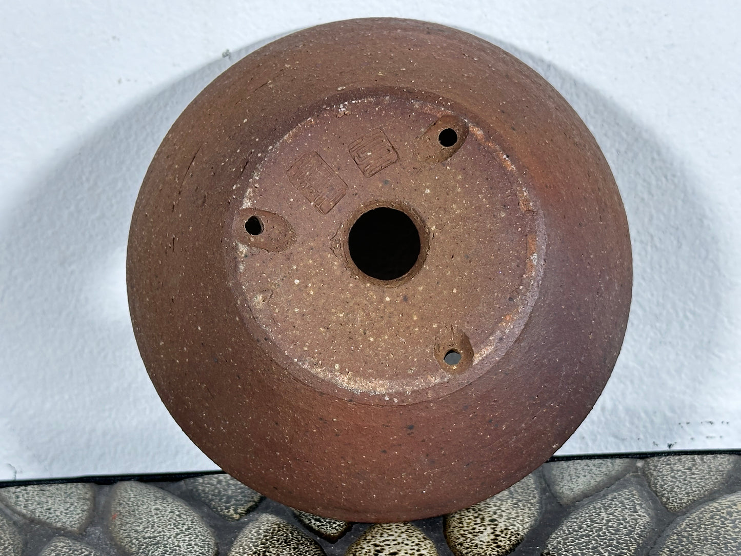 Preowned Japanese Tokoname Unglazed Round Bonsai Pot with Stamps - 5 1/8” By 2”