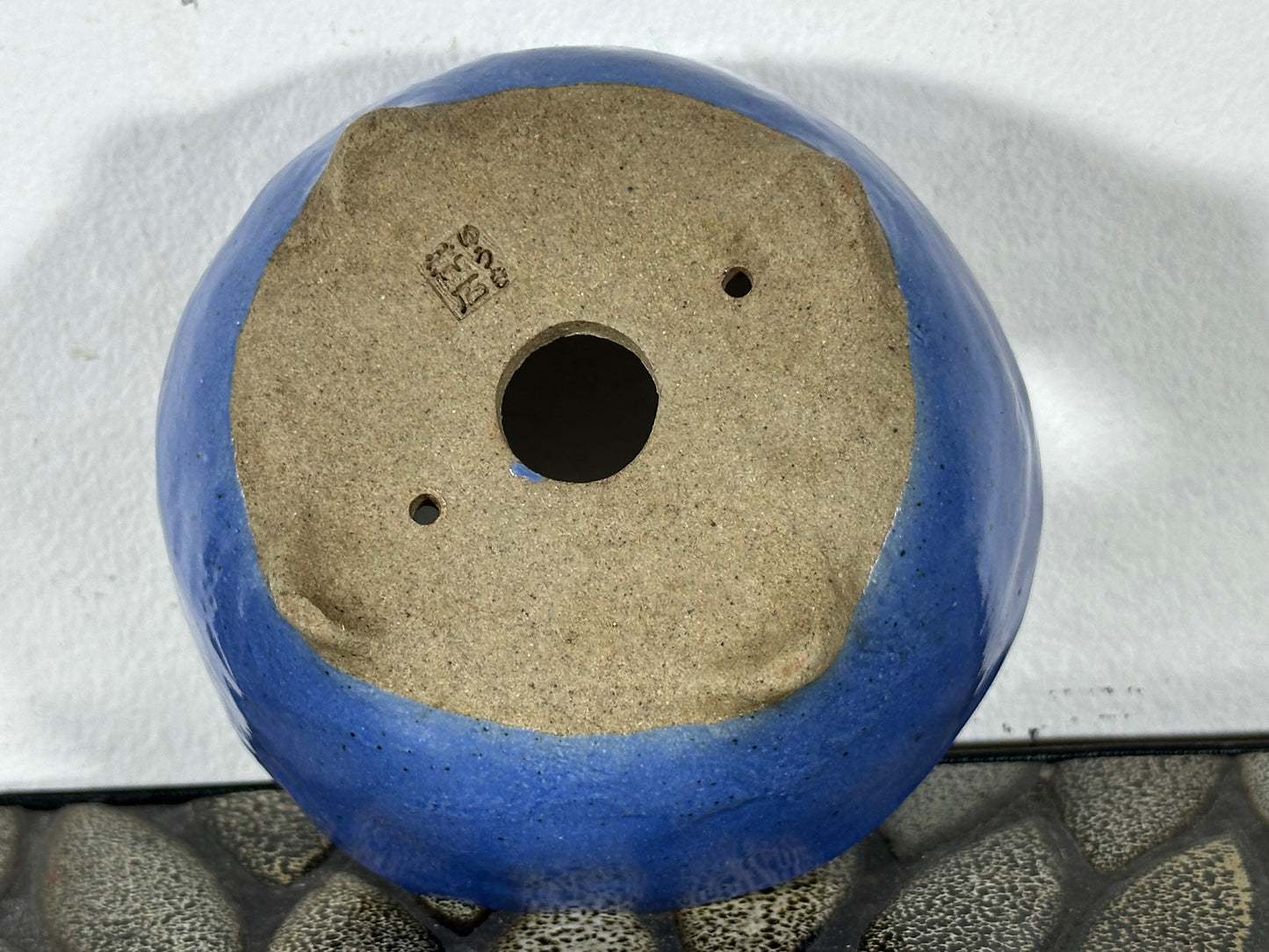 Preowned Japanese Tokoname Glazed Round Bonsai Pot with Stamps - 4 3/8” By 2 1/8”