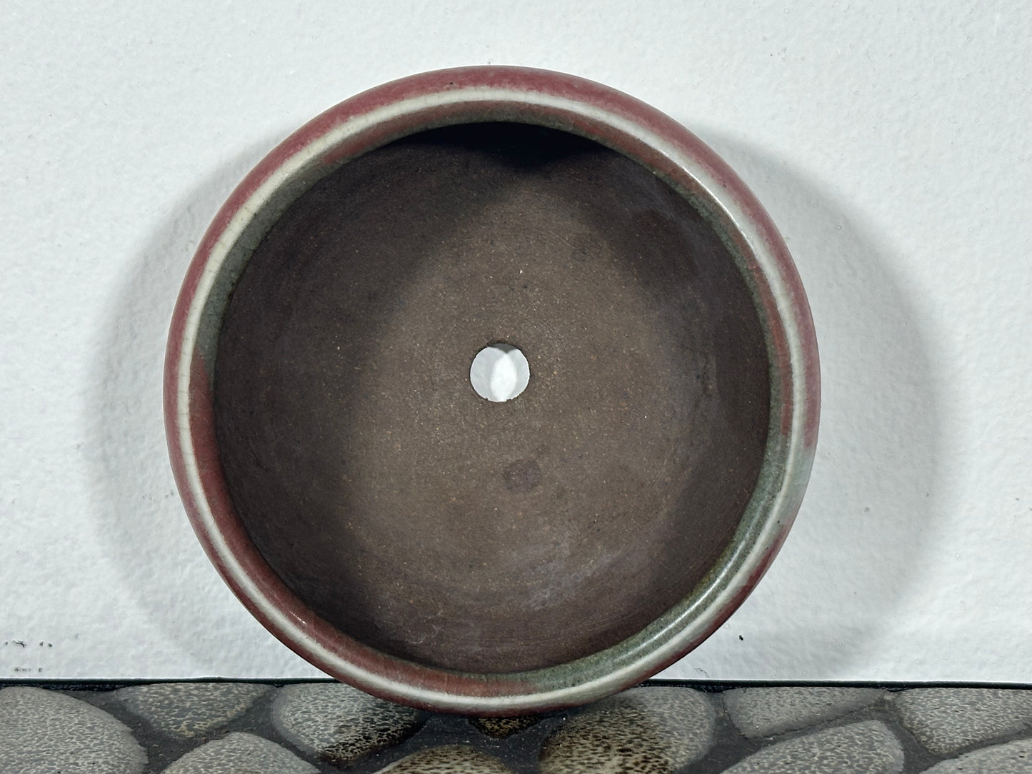 Preowned Japanese Tokoname Glazed Round Bonsai Pot with patina - 3.75” By 2.75”