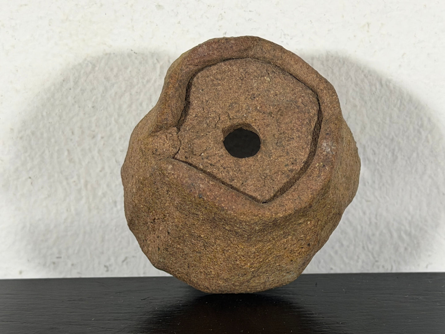 Preowned Japanese Tokoname Unglazed Round Bonsai Pot has Stamp - 2” By 1 1/8”