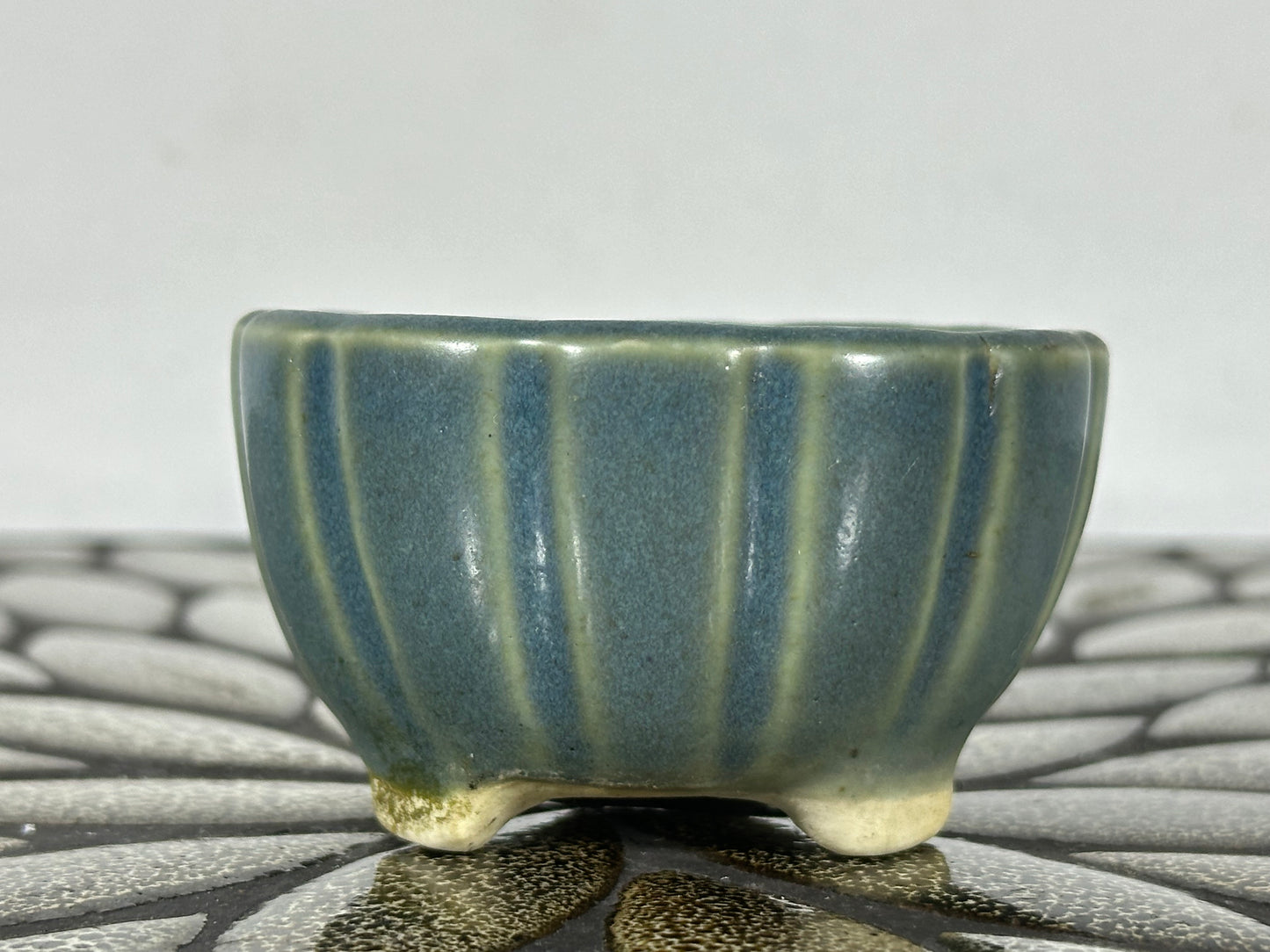 Preowned Japanese Tokoname Glazed Round Bonsai Pot with Stamp - 2 7/8” By 1 5/8”