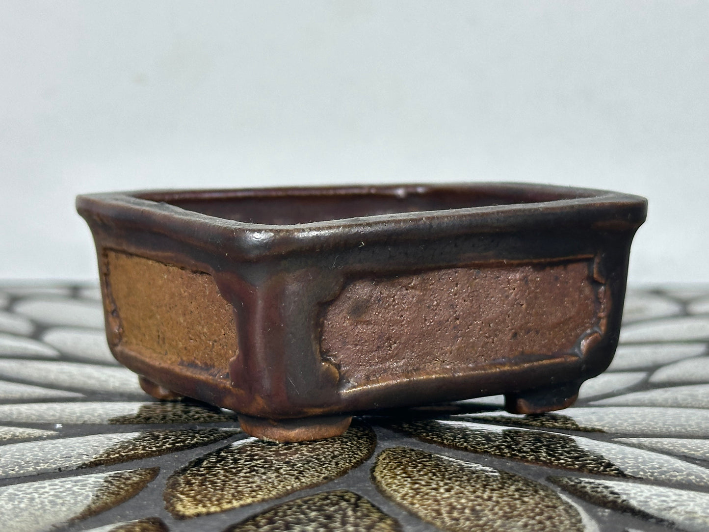 Preowned Japanese Tokoname Glazed Rectangular Bonsai Pot With Stamp - 3 1/8” By 2 7/8”