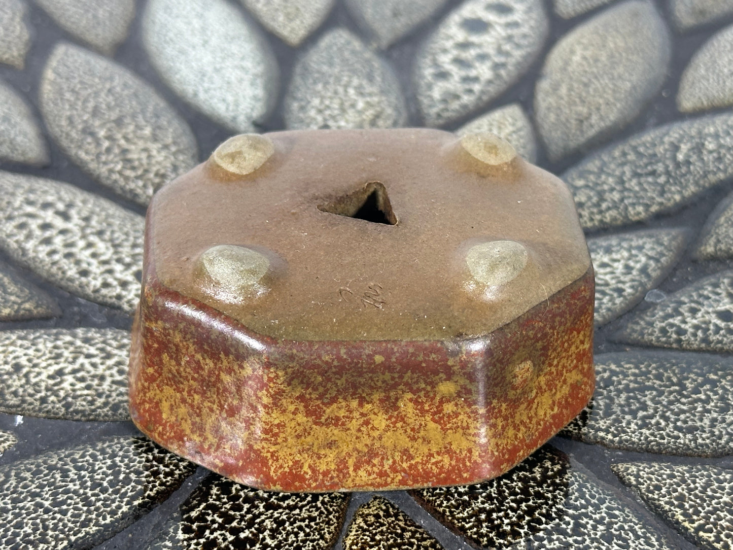 Preowned Japanese Tokoname Glazed Octagon Shape Bonsai Pot with Stamps - 2.75” By 2 3/8”