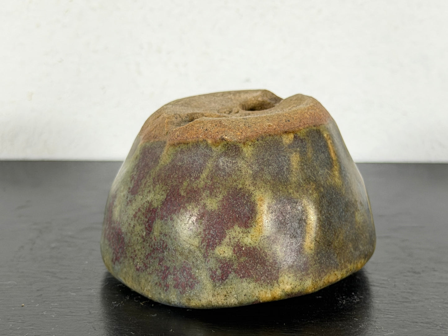 Preowned Japanese Tokoname Glazed Round Bonsai Pot with Stamp - 2.25” By 1.35”