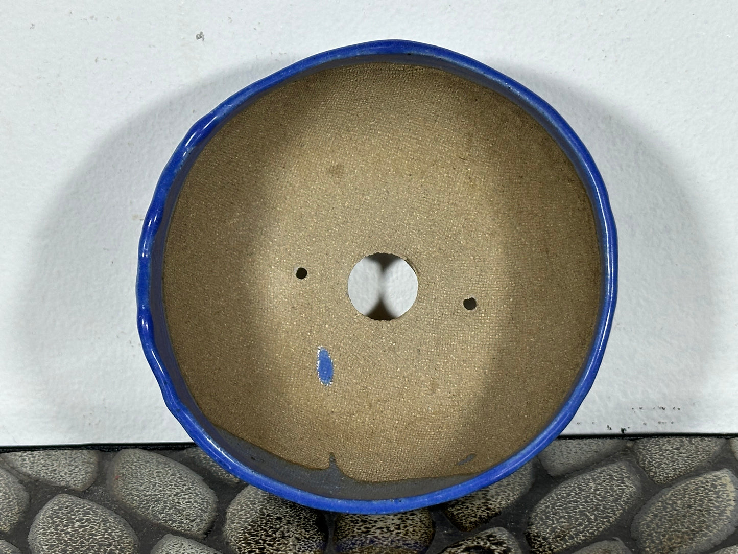 Preowned Japanese Tokoname Glazed Round Bonsai Pot with Stamps - 4 3/8” By 2 1/8”