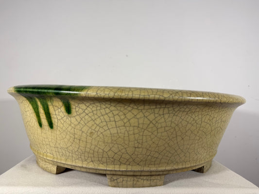 Preowned Vintage Japanese Tokoname Glazed Round Bonsai Pot Mazan Terahata - 20.75” By 6.25”