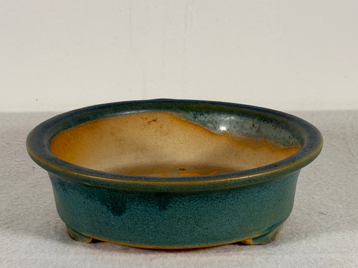 Preowned Vintage China Glazed Round Bonsai Pot Has Patina - 6” By 1 7/8”