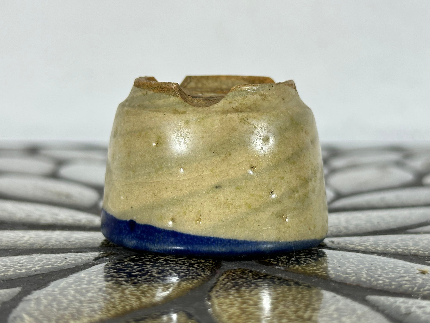 Preowned Japanese Tokoname Glazed Round Bonsai Pot with Stamps - 1.75” By 1 1/8”