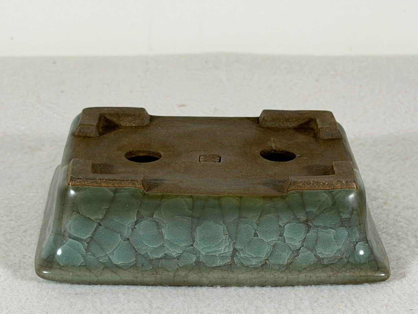 Preowned Japanese Tokoname Glazed Rectangular Bonsai Pot Has Stamp - 5” By 4”