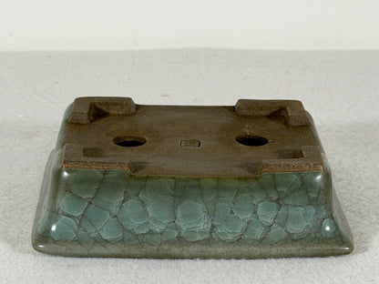 Preowned Japanese Tokoname Glazed Rectangular Bonsai Pot Has Stamp - 5” By 4”