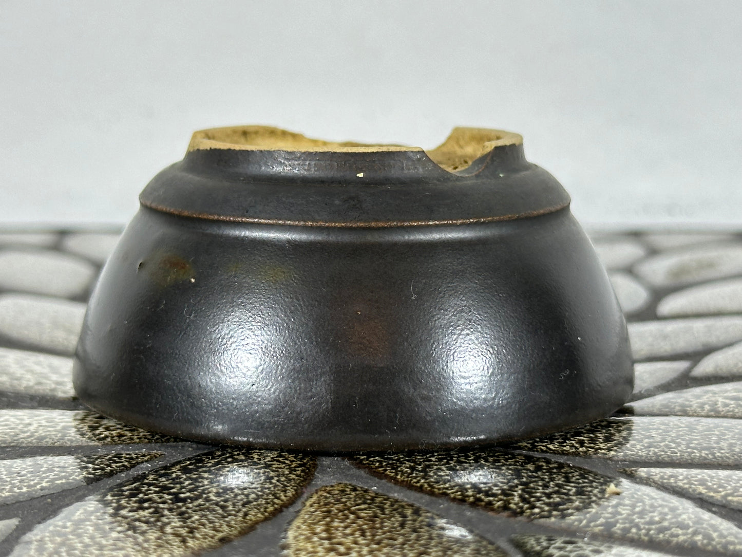 Preowned Japanese Tokoname Glazed Round Bonsai Pot with Stamps - 3.25” By 1 3/8”