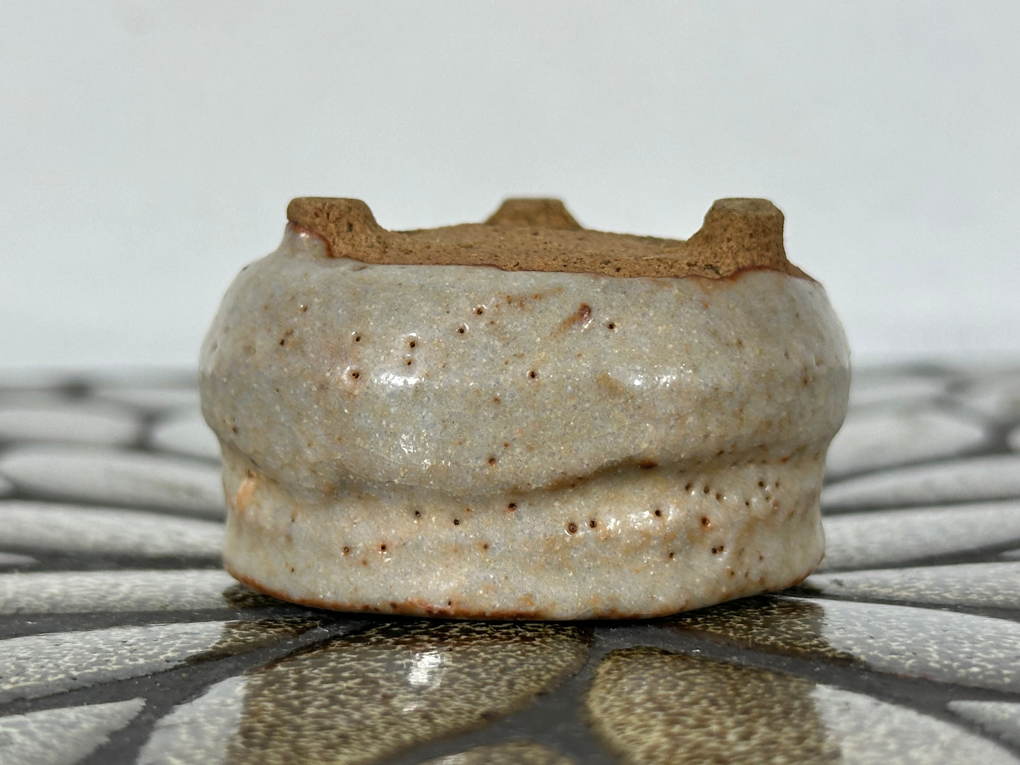 Preowned Japanese Tokoname Glazed Round Bonsai Pot with Stamps - 2” By 1.25”