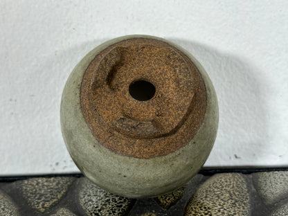 Preowned Japanese Tokoname Glazed Round Bonsai Pot with Stamps - 2.25” By 1.5”