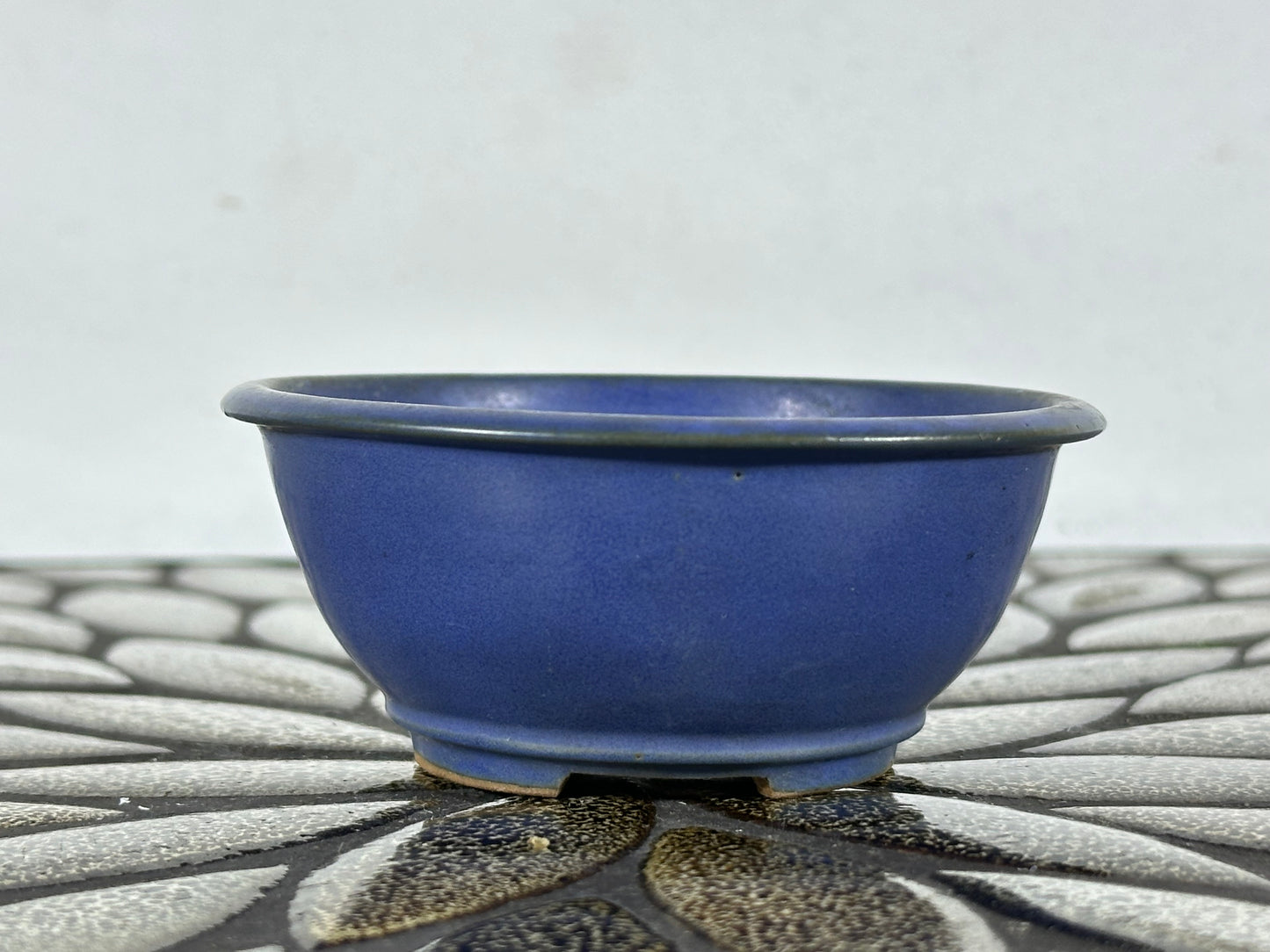 Preowned Japanese Tokoname Glazed Round Bonsai Pot with Stamps - 3 3/8” By 1 3/8”