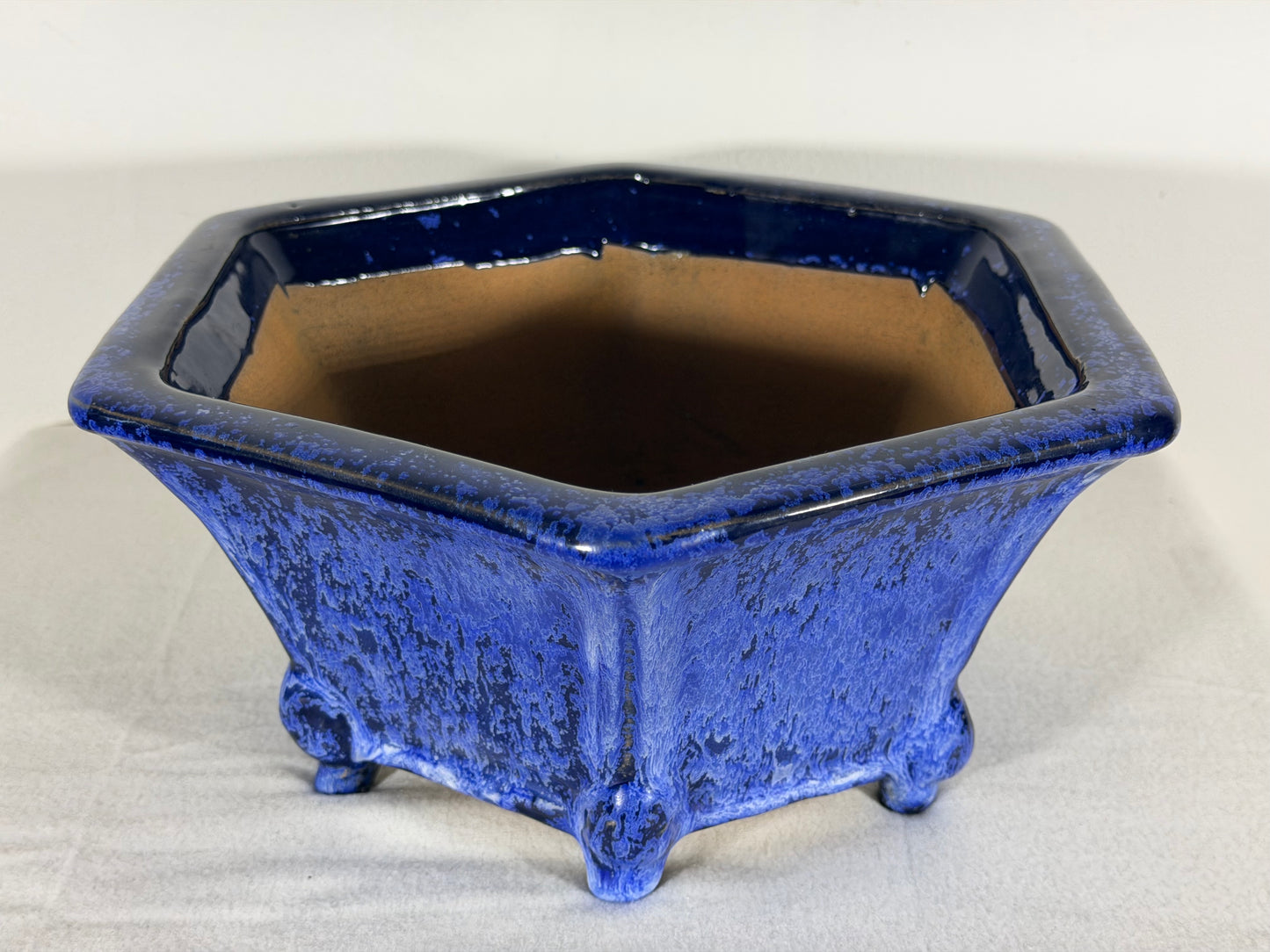 Preowned Japanese Tokoname Glazed Hexagon Shape Bonsai Pot Syuho - 11” By 4.75”