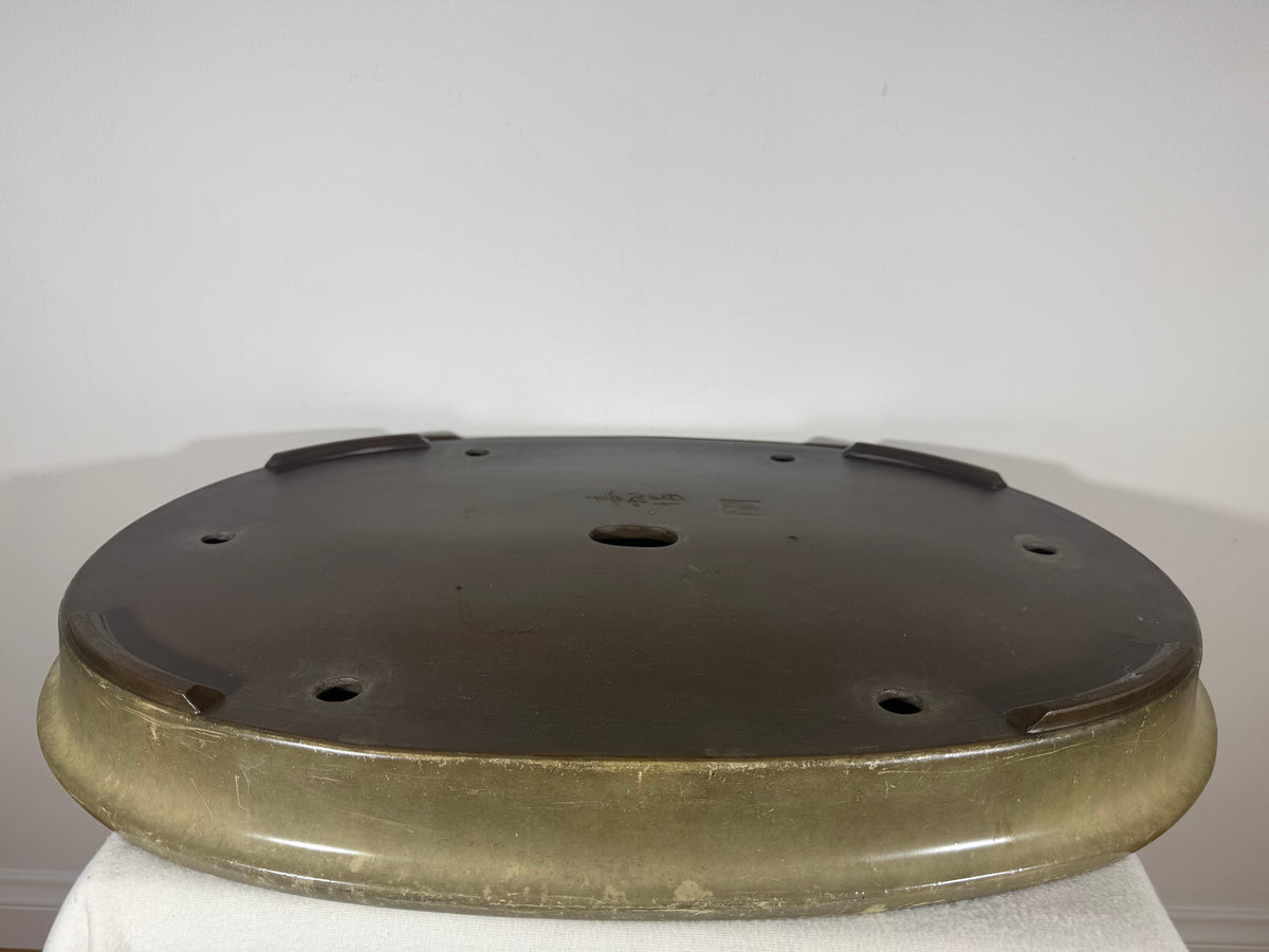 Preowned Japanese Tokoname Glazed Shallow Oval Bonsai Pot Hatutori -  24.5” x 18” x 2.75”