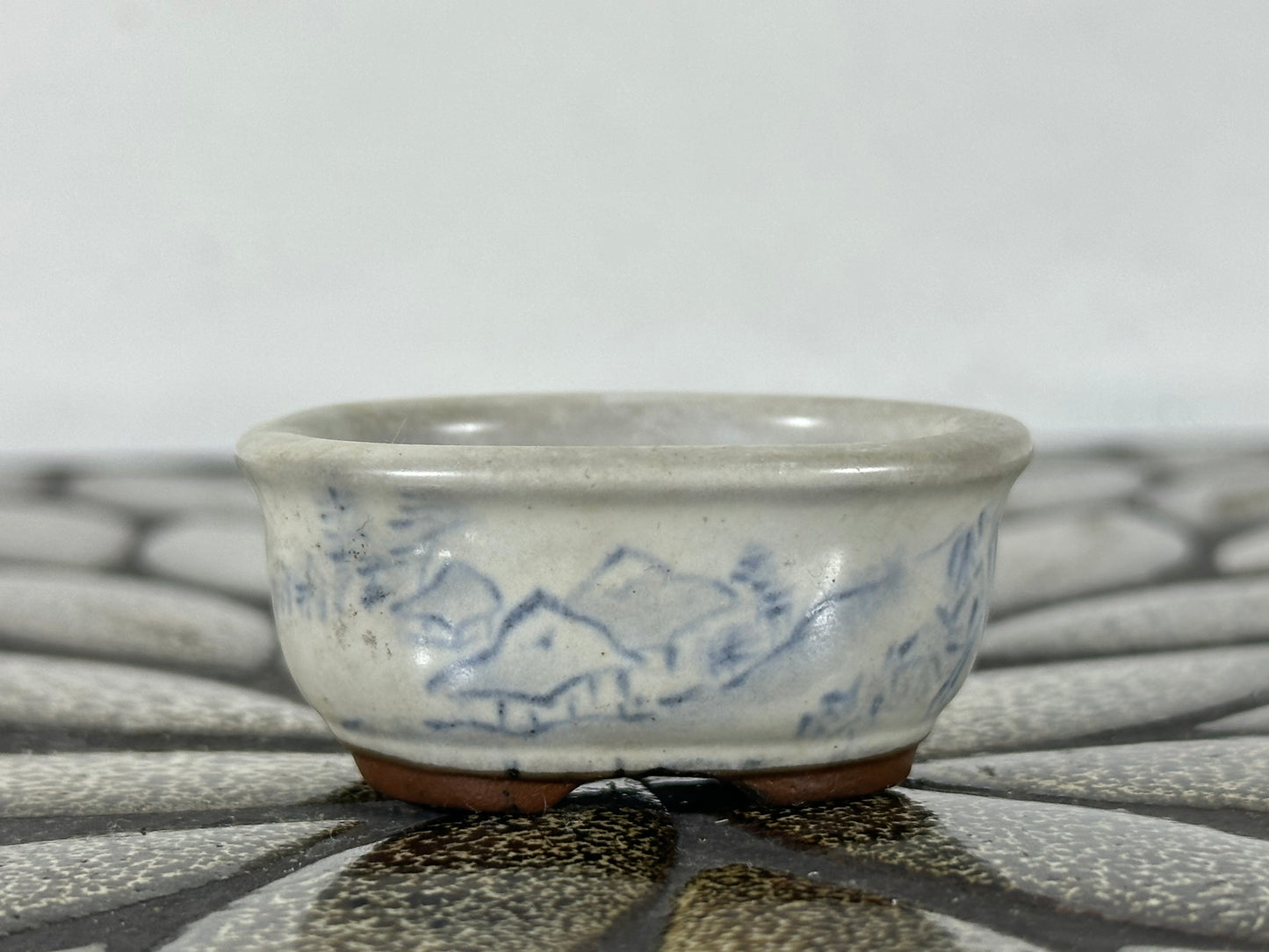 Preowned Japanese Tokoname Glazed Oval Bonsai Pot with Stamp - 2” By 1.75”