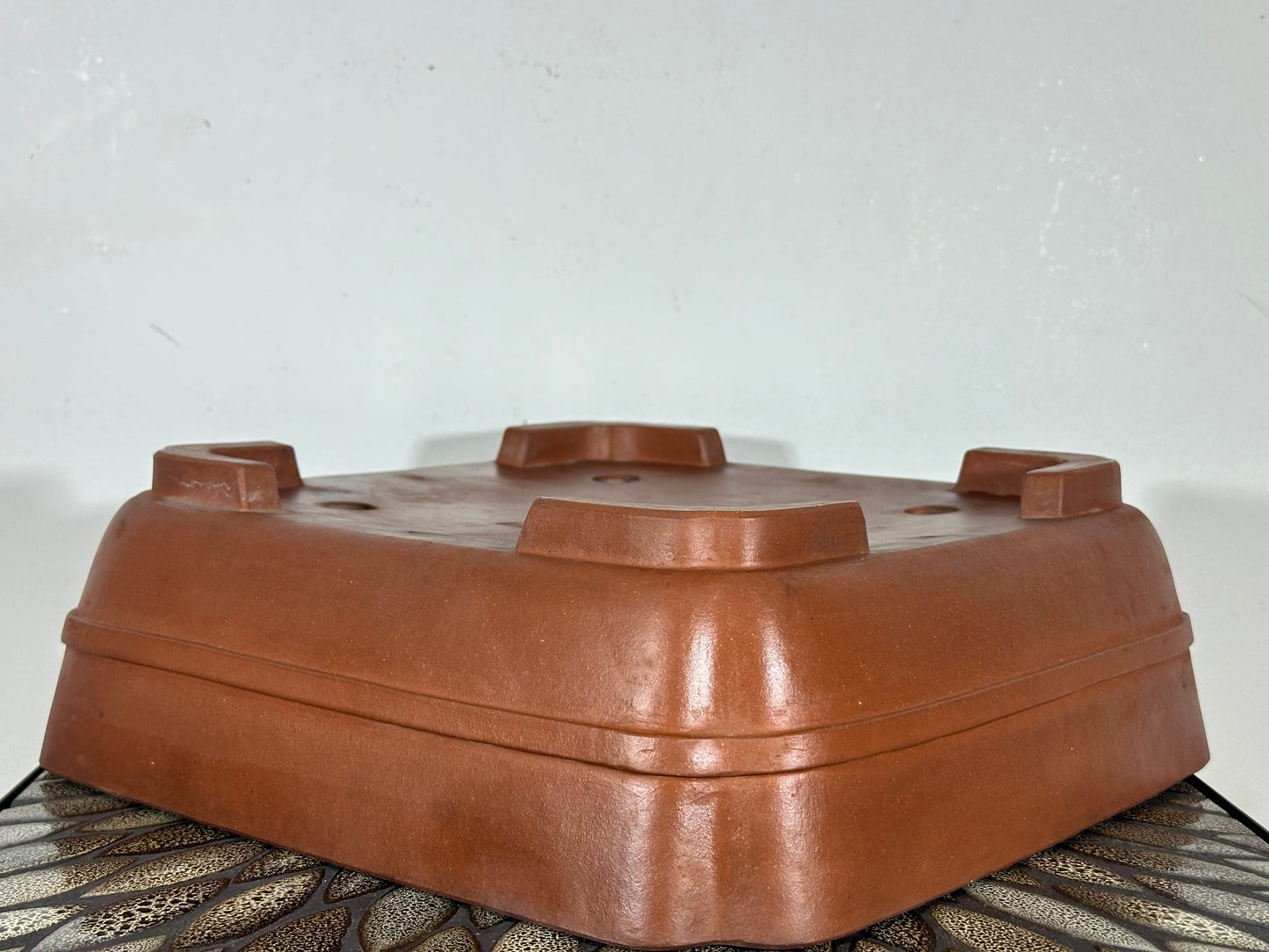 Preowned Japanese Tokoname Unglazed Square Bonsai Pot with Stamps - 13.25” By 13 1/8”