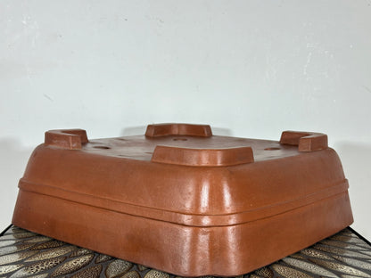 Preowned Japanese Tokoname Unglazed Square Bonsai Pot with Stamps - 13.25” By 13 1/8”