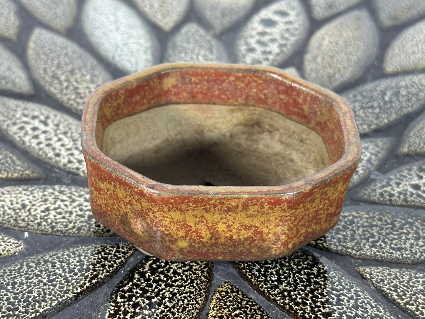 Preowned Japanese Tokoname Glazed Octagon Shape Bonsai Pot with Stamps - 2.75” By 2 3/8”