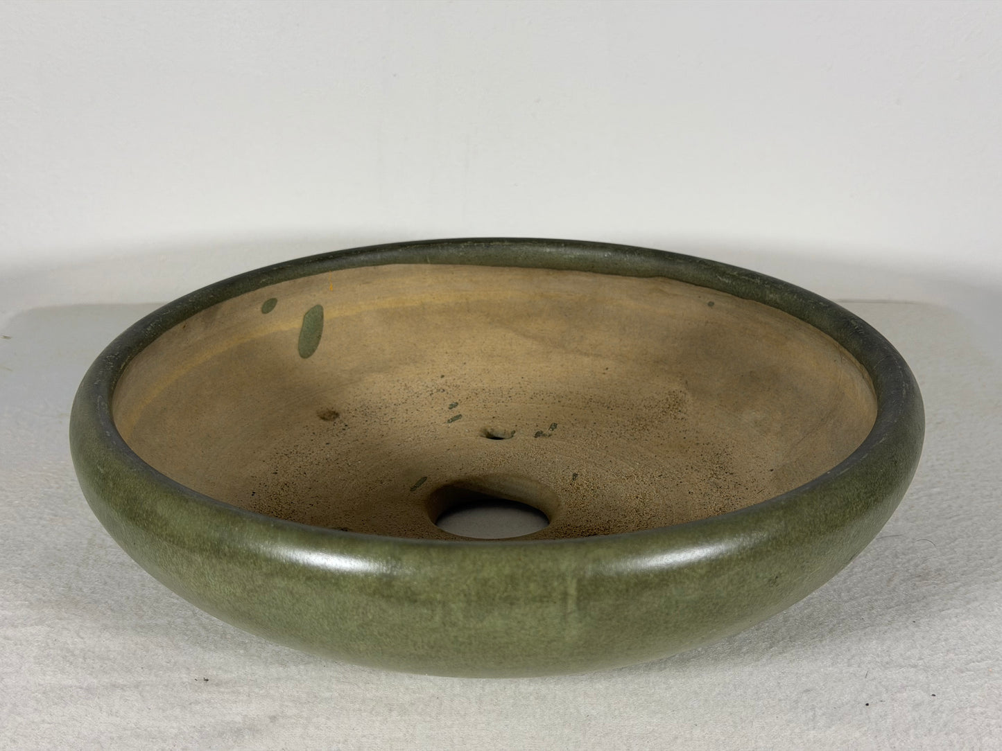 Preowned Japanese Tokoname Glazed Round Bonsai Pot has Patina - 9.5” By 2.5”