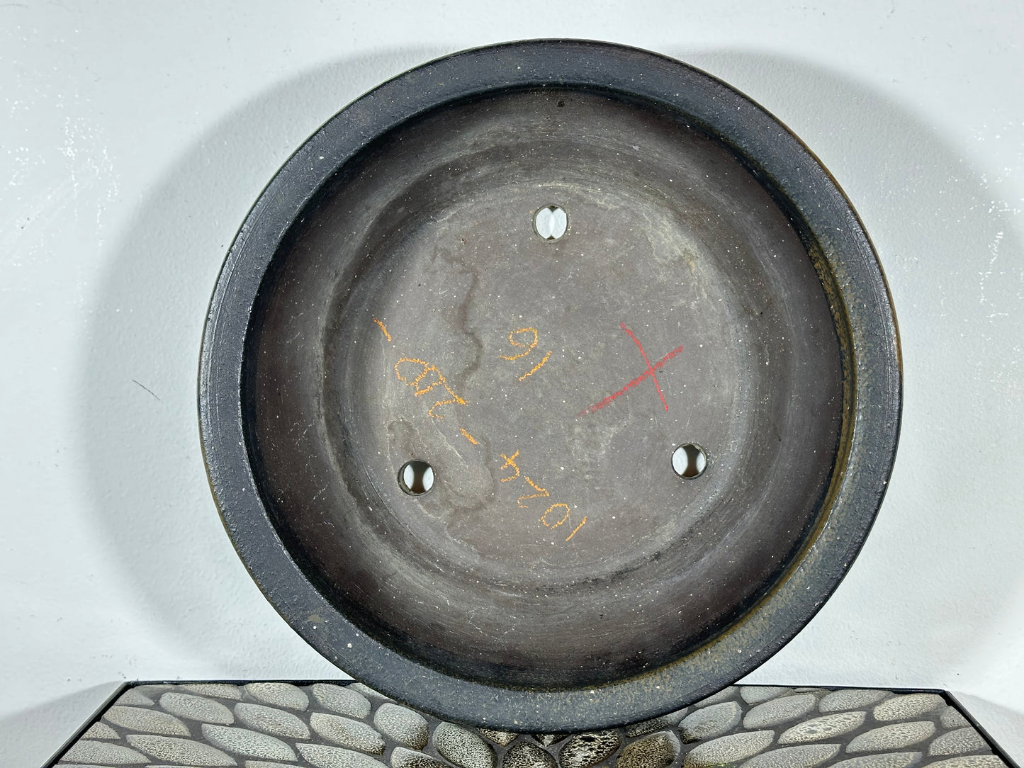 Preowned Japanese Tokoname Unglazed Round Bonsai Pot with Stamp - 12.25” By 3.5”