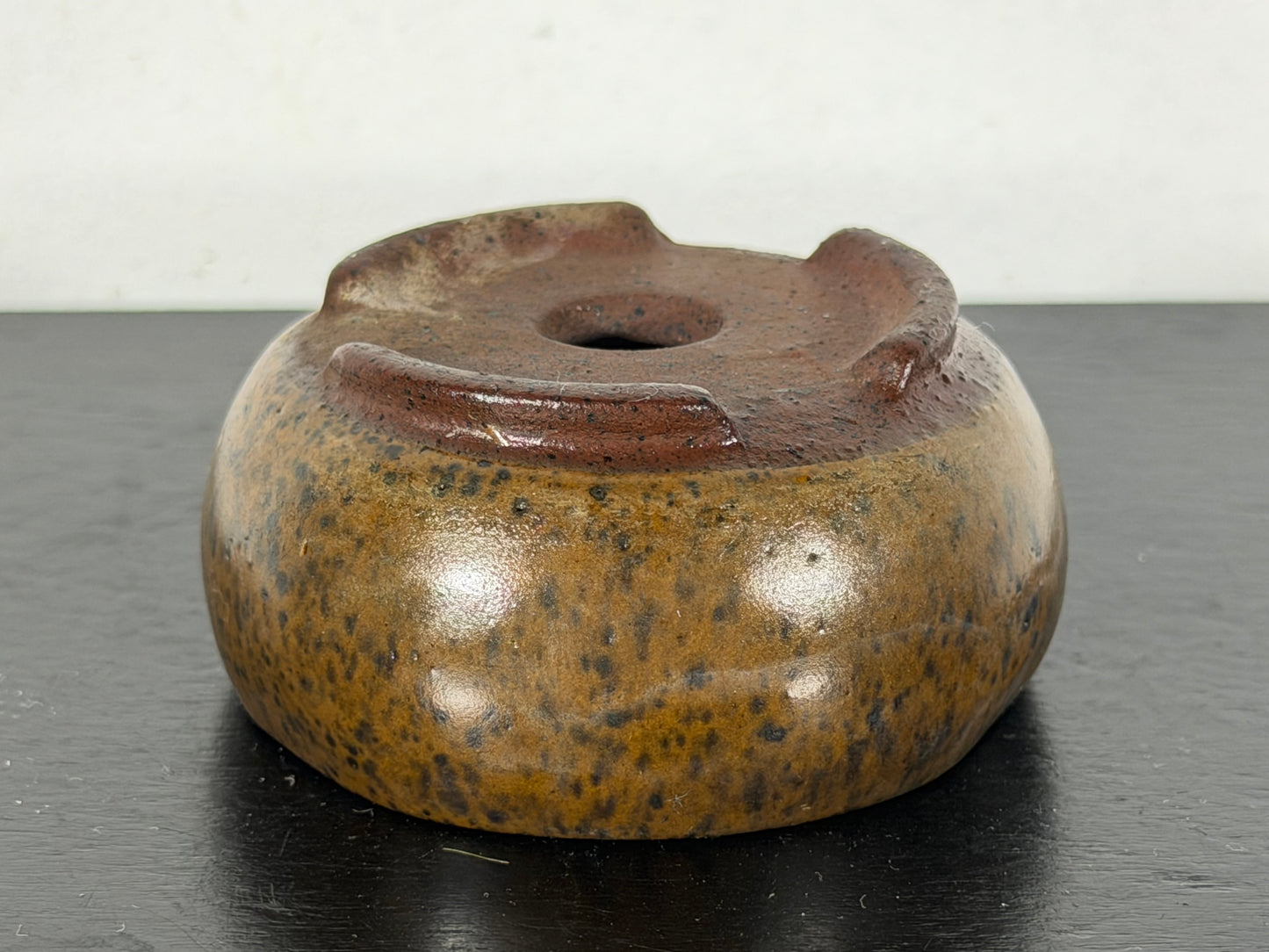 Preowned Japanese Tokoname Glazed Round Bonsai Pot With Stamp - 2.25” By 1 1/8”