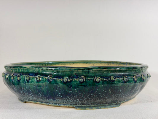 Preowned Japanese Tokoname Glazed Drum Style High Quality Bonsai Pot Syuhou Yoshimura - 12.75” By 3 1/8”
