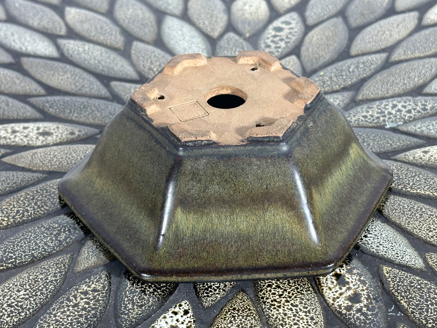 Preowned Japanese Tokoname Glazed Hexagon Bonsai Pot - 6” By 5.25”