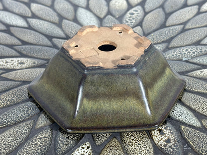 Preowned Japanese Tokoname Glazed Hexagon Bonsai Pot - 6” By 5.25”