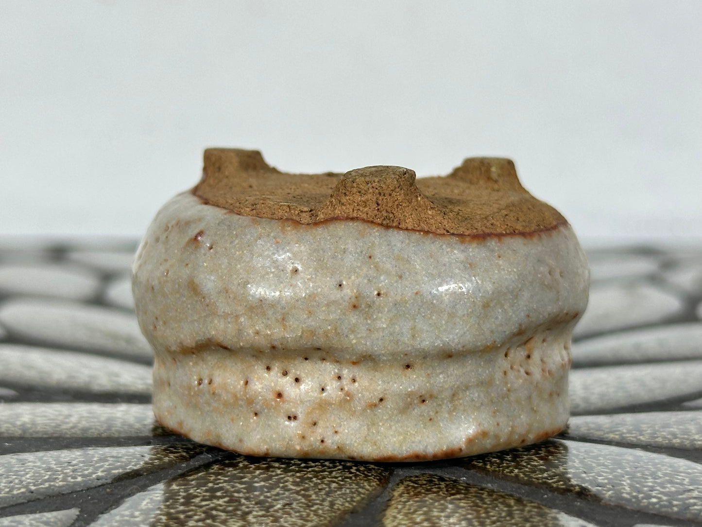 Preowned Japanese Tokoname Glazed Round Bonsai Pot with Stamps - 2” By 1.25”