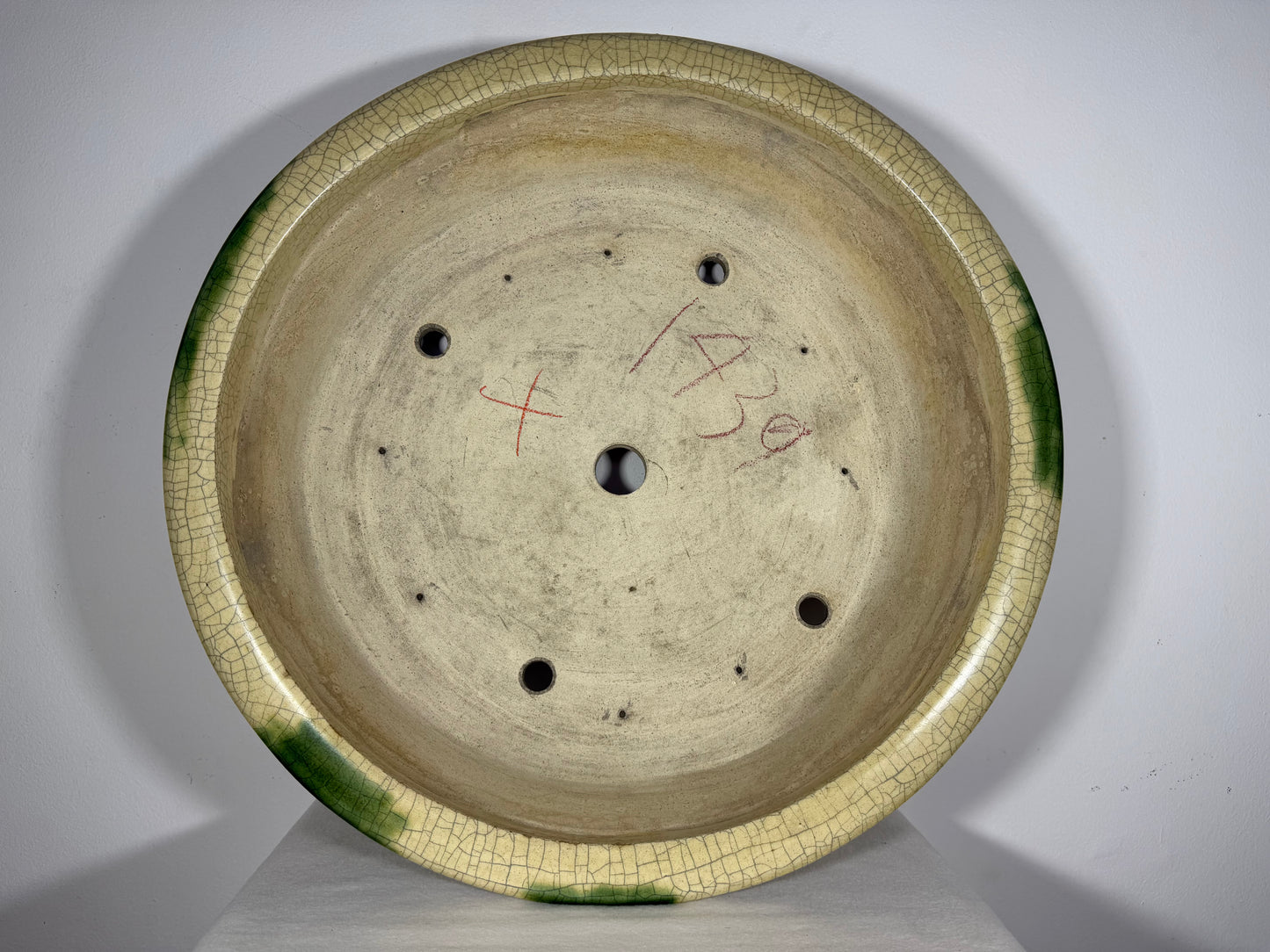 Preowned Vintage Japanese Tokoname Glazed Round Bonsai Pot Mazan Terahata - 20.75” By 6.25”