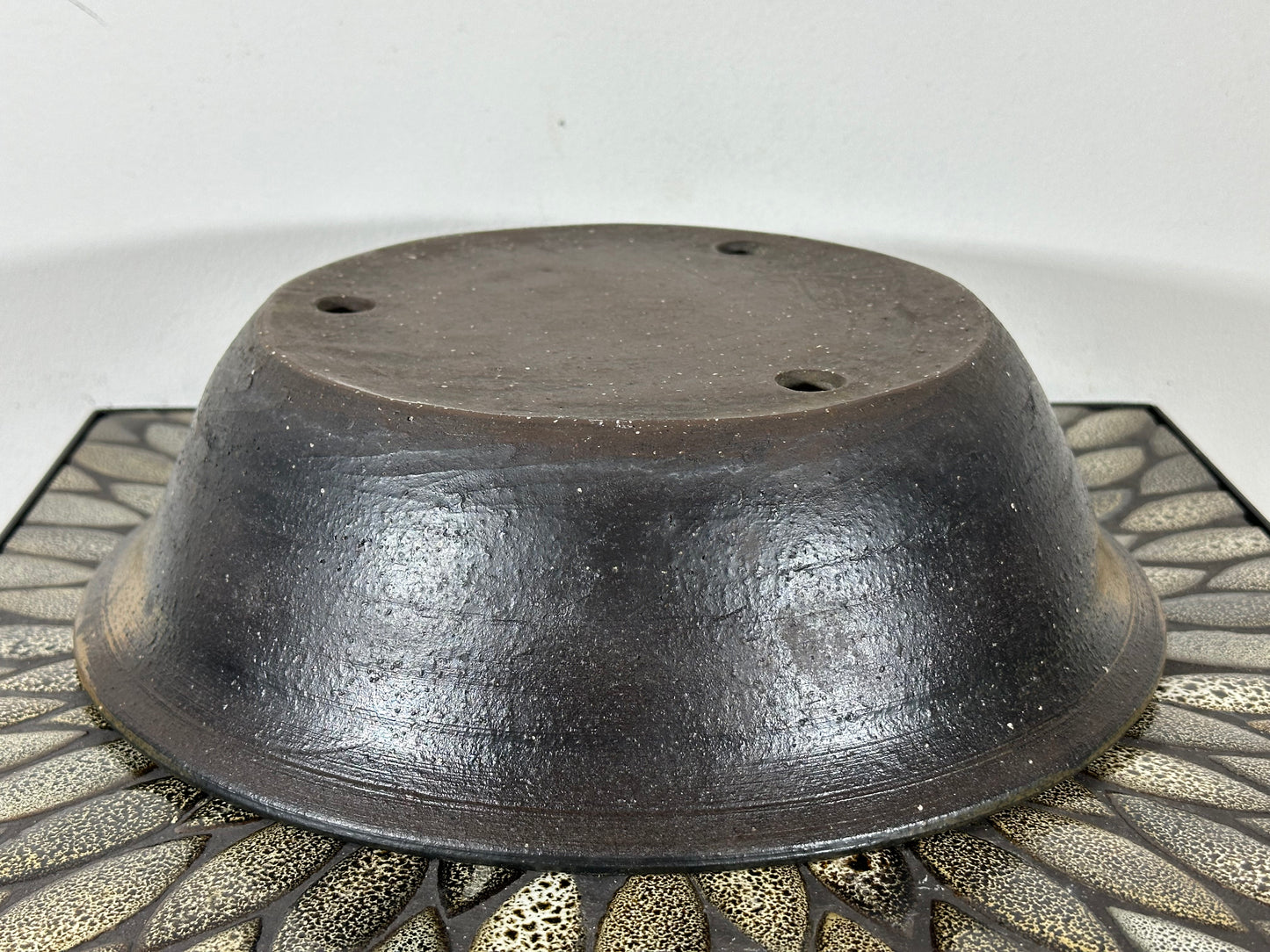 Preowned Japanese Tokoname Unglazed Round Bonsai Pot with Stamp - 12.25” By 3.5”