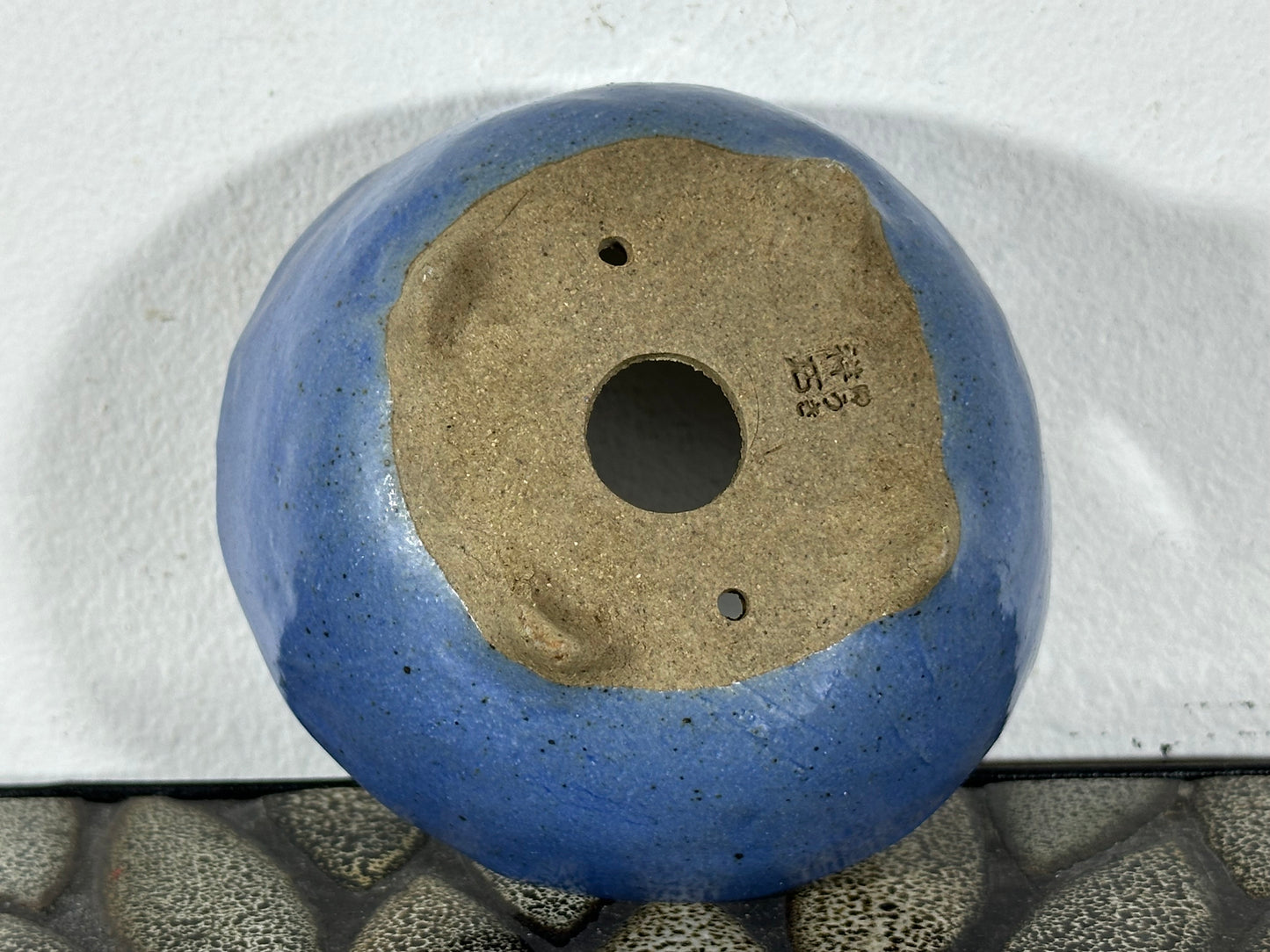 Preowned Japanese Tokoname Glazed Round Bonsai Pot with Stamps - 3.75” By 1.75”