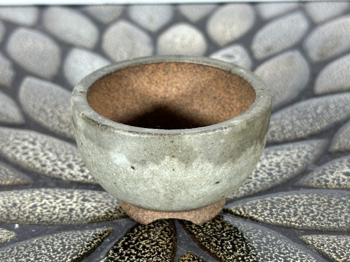 Preowned Japanese Tokoname Glazed Round Bonsai Pot with Stamps - 2.25” By 1.5”