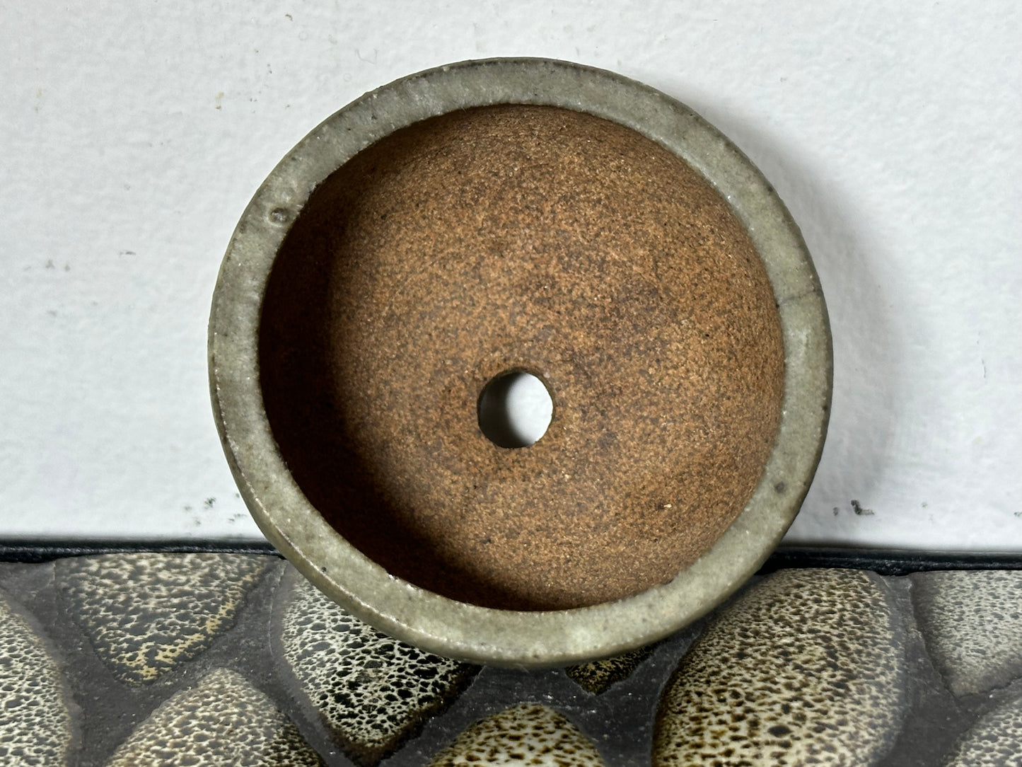 Preowned Japanese Tokoname Glazed Round Bonsai Pot with Stamps - 2.25” By 1.5”