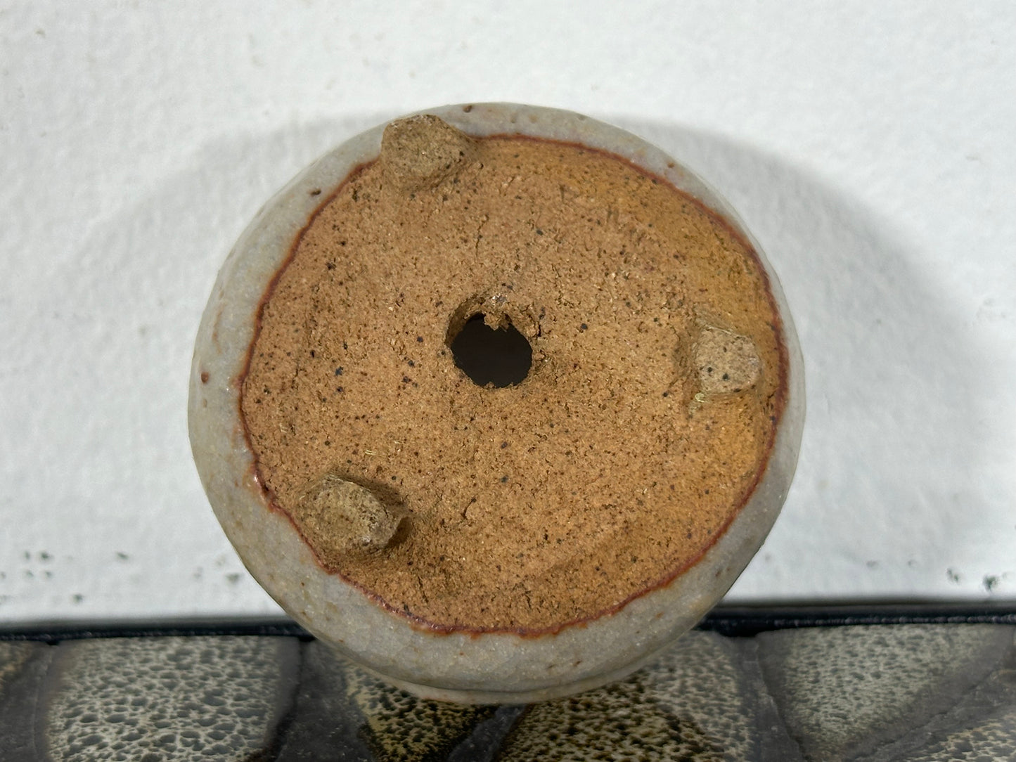 Preowned Japanese Tokoname Glazed Round Bonsai Pot with Stamps - 2” By 1.25”