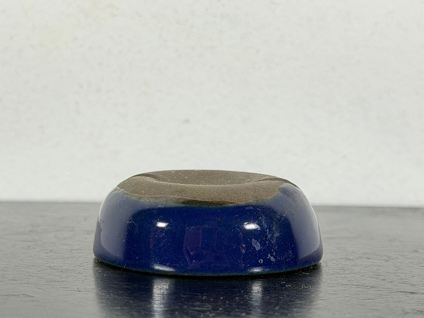 Preowned Japanese Tokoname Glazed Round Bonsai Pot with Stamp - 1.75” By 5/8”