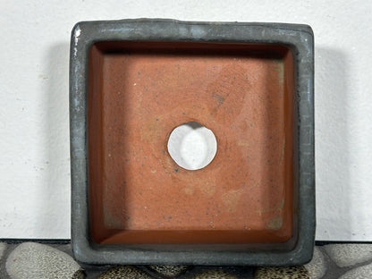 Preowned Japanese Tokoname Glazed Square Bonsai Pot with Stamp - 3.35” By 1 5/8”