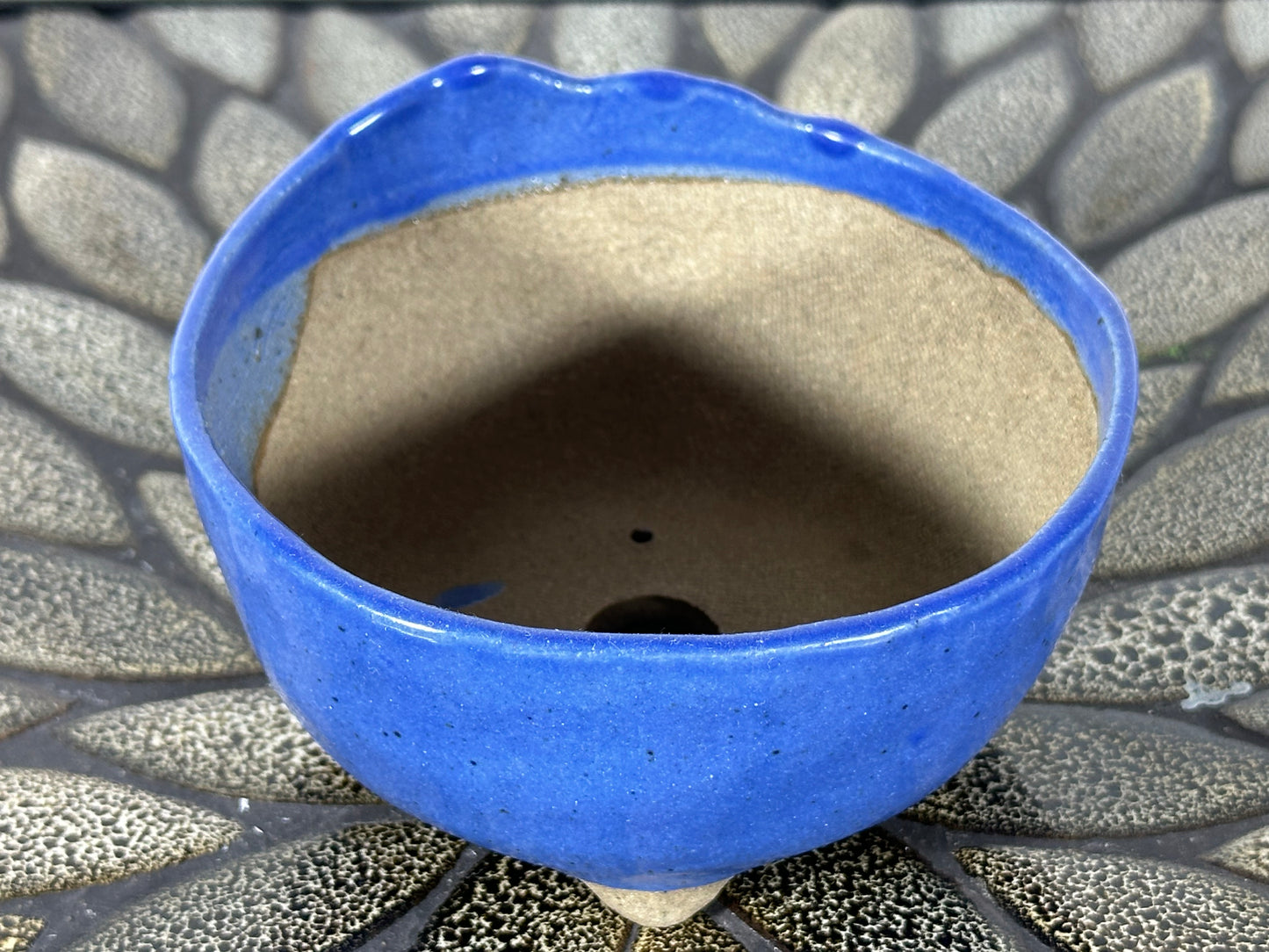 Preowned Japanese Tokoname Glazed Round Bonsai Pot with Stamps - 4 3/8” By 2 1/8”