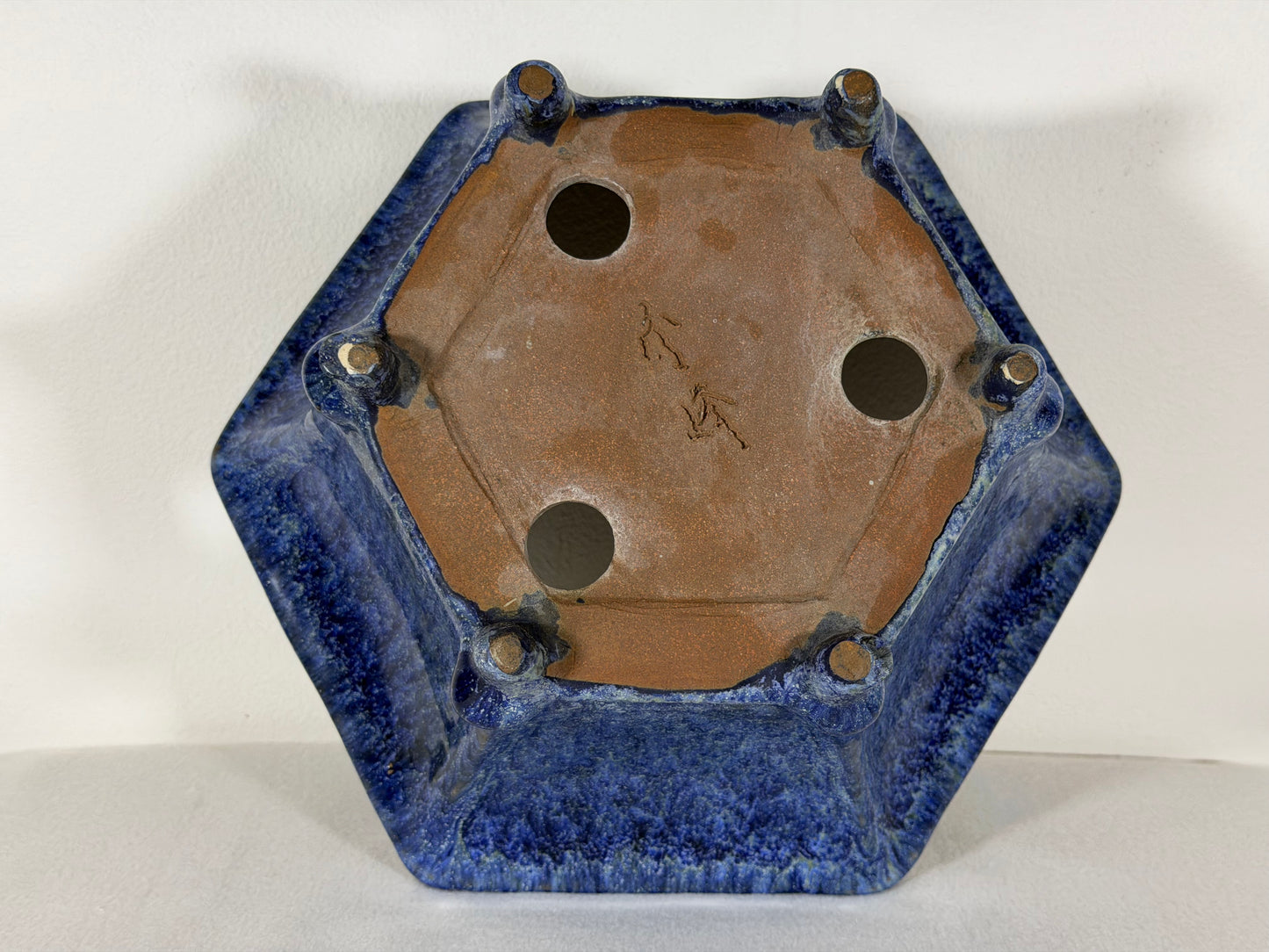 Preowned Japanese Tokoname Glazed Hexagon Shape Bonsai Pot Syuho - 11” By 9.75”