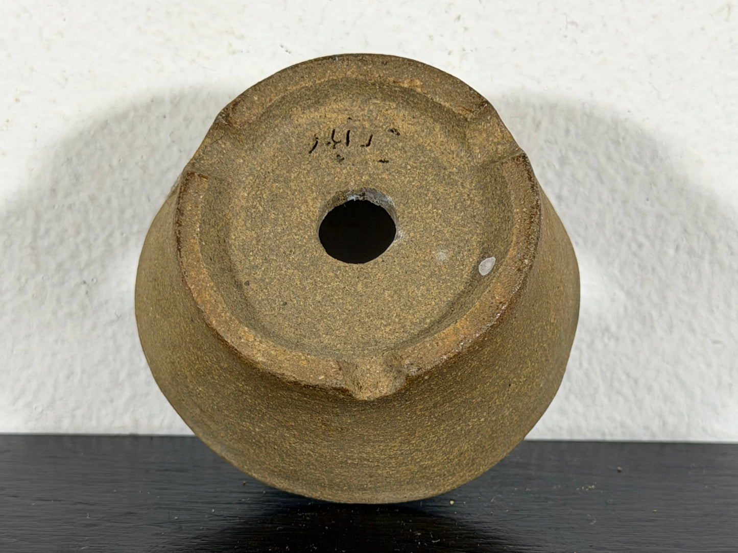 Preowned Japanese Tokoname Unglazed Round Bonsai Pot With Stamp - 2” By 1”
